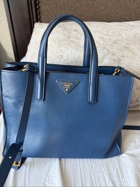 Prada Navy Saffiano Leather Structured Tote with Gold Hardware